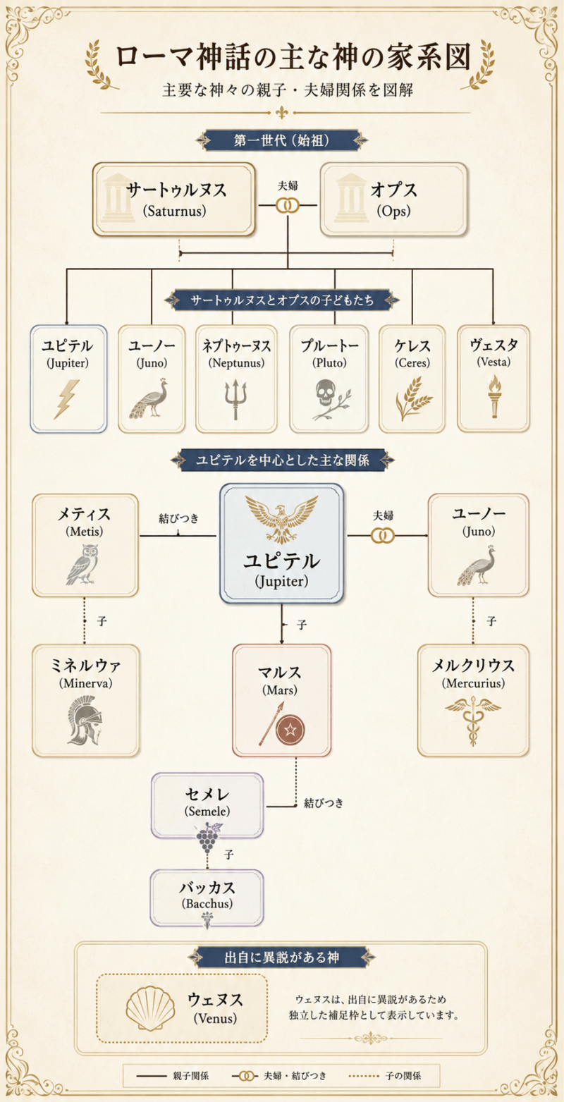 ローマ神話の主な神の関係図・家系図